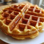 A stack of two golden brown Belgian Waffles drizzled with syrup, served on a white plate.
