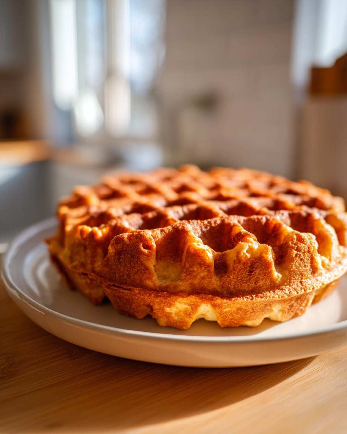 A single, golden-brown Belgian Waffle with deep pockets resting on a white plate.