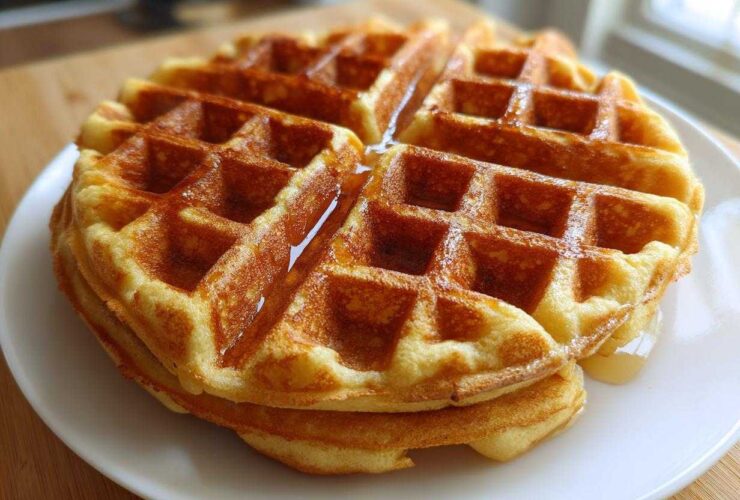 A stack of two golden brown Belgian Waffles drizzled with syrup, served on a white plate.