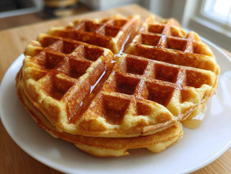 A stack of two golden brown Belgian Waffles drizzled with syrup, served on a white plate.