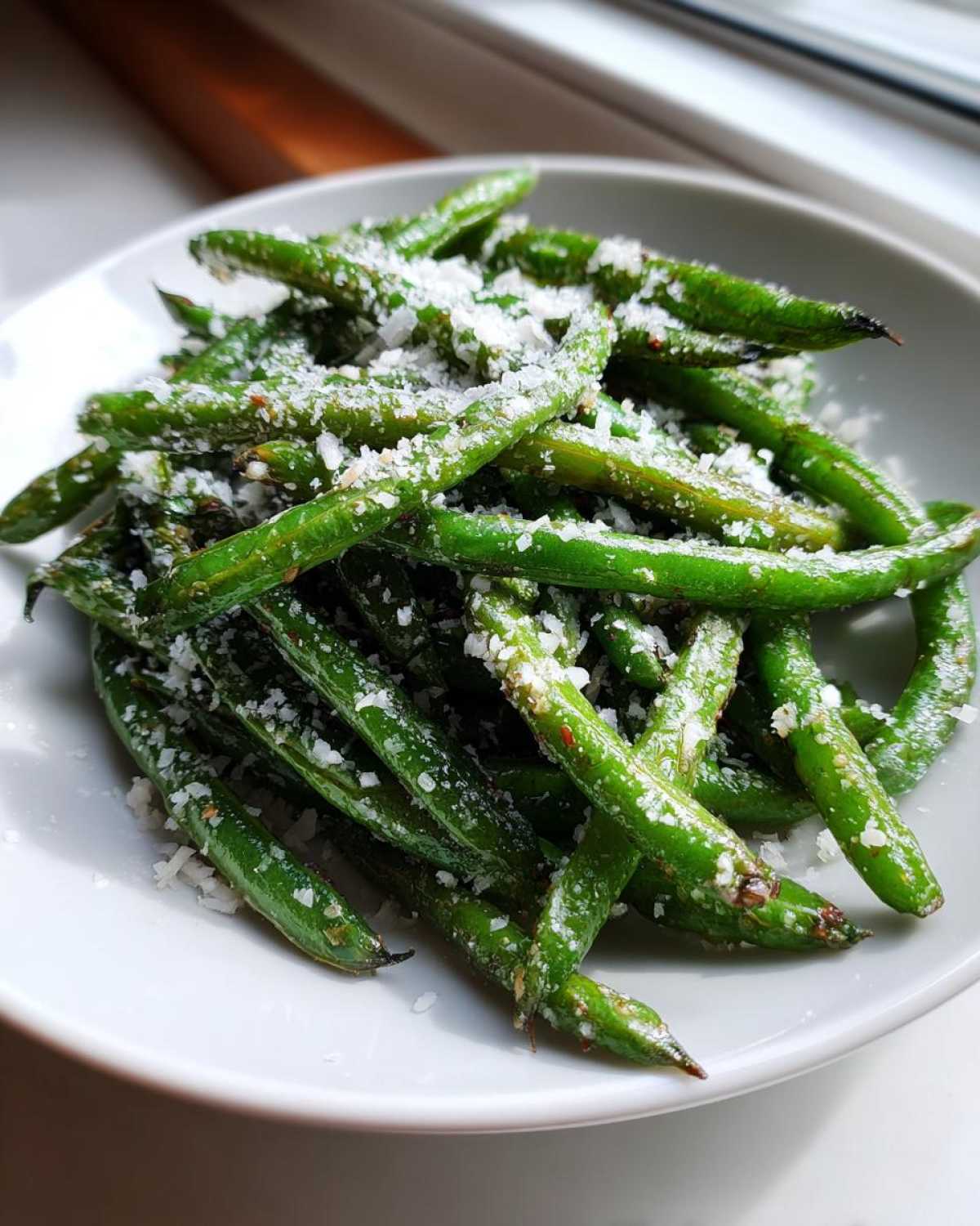 A close-up of bright green beans tossed with grated Parmesan cheese, ready to serve as The Best Garlic Parmesan Green Beans.