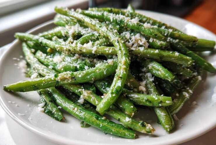 A close-up of bright green beans tossed in garlic and topped generously with grated Parmesan cheese: The Best Garlic Parmesan Green Beans.