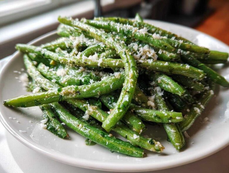 A close-up of bright green beans tossed in garlic and topped generously with grated Parmesan cheese: The Best Garlic Parmesan Green Beans.