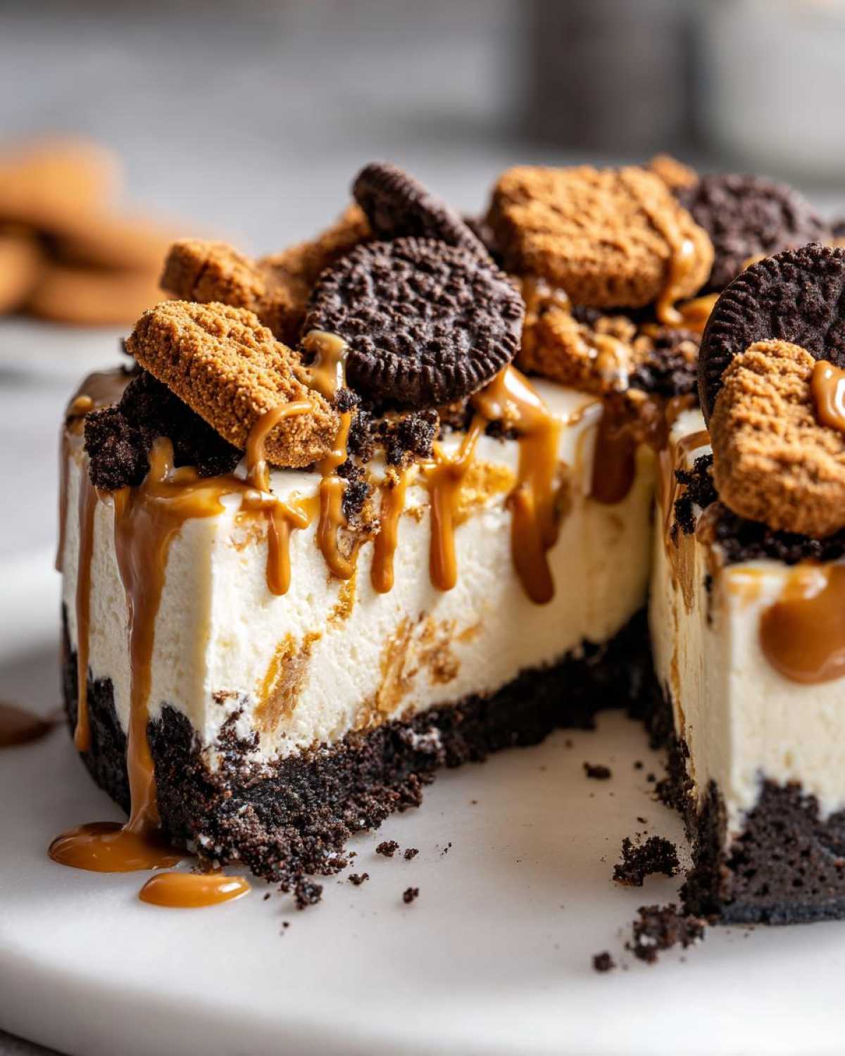 A close-up of a slice of Biscoff Cheesecake showing the creamy filling, dark crust, and toppings of Biscoff cookies and caramel sauce.