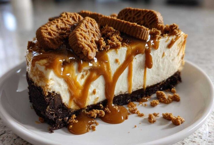 A thick slice of creamy Biscoff Cheesecake topped with caramel sauce and whole Biscoff cookies.