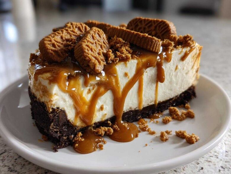A thick slice of creamy Biscoff Cheesecake topped with caramel sauce and whole Biscoff cookies.