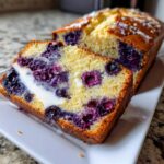 Close-up of a slice of moist Blueberry Cream Cheese Bread Loaf showing bright blueberries and cream cheese swirl.