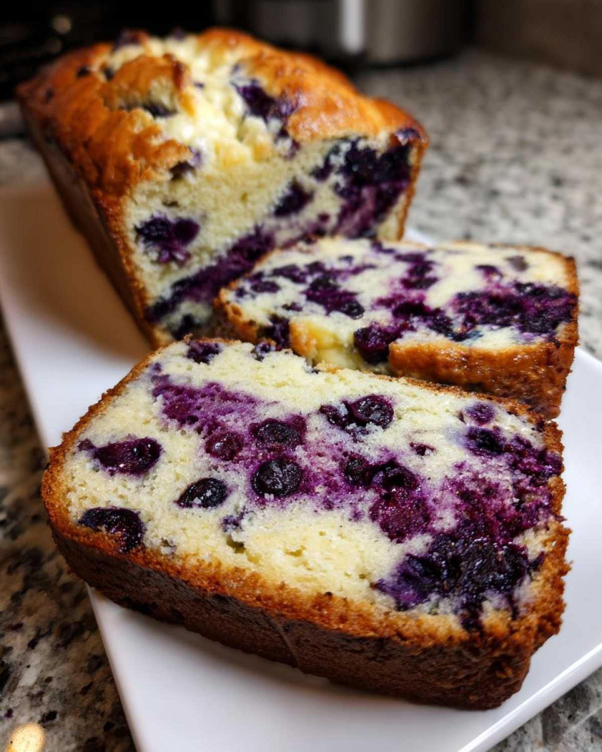 A close-up of a sliced Blueberry Cream Cheese Bread Loaf showing rich purple blueberries baked into the moist, golden crumb.