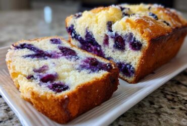 Close-up of a sliced Blueberry Cream Cheese Bread Loaf showing moist interior packed with blueberries.