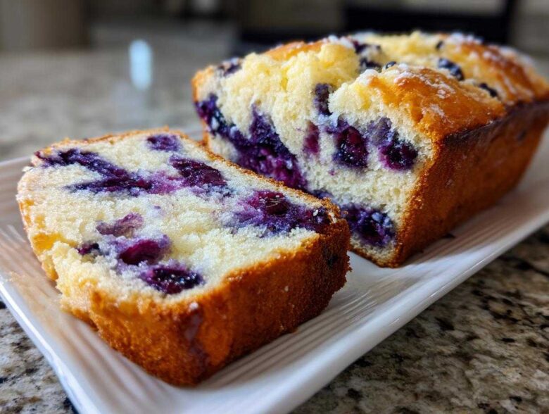 Close-up of a sliced Blueberry Cream Cheese Bread Loaf showing moist interior packed with blueberries.