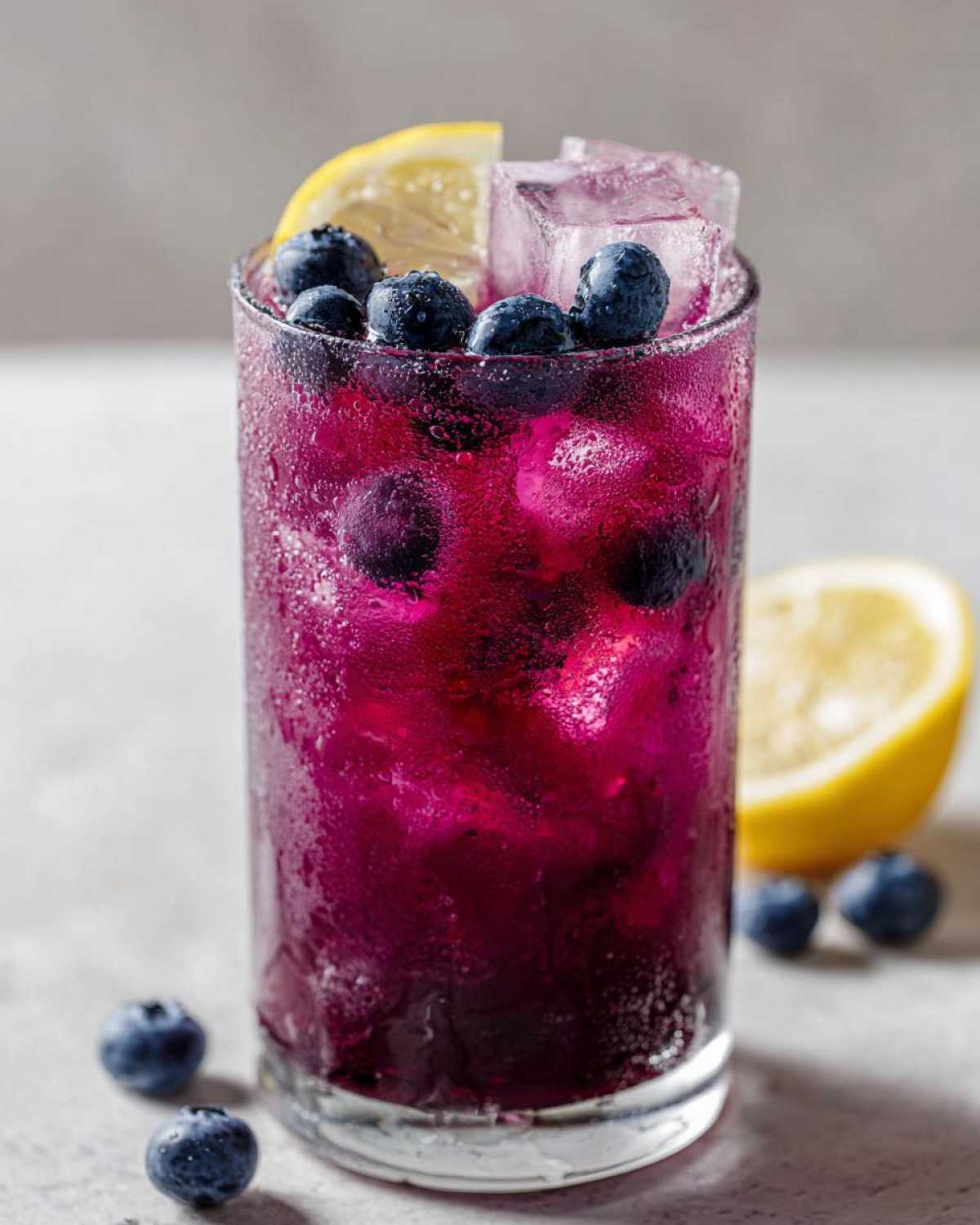 Close-up of a tall, sweating glass filled with vibrant purple Blueberry Lemonade, ice cubes, and fresh blueberries.