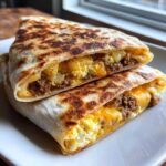 Two halves of a golden-brown Breakfast Crunchwrap stacked, revealing scrambled eggs, sausage, and cheese filling.