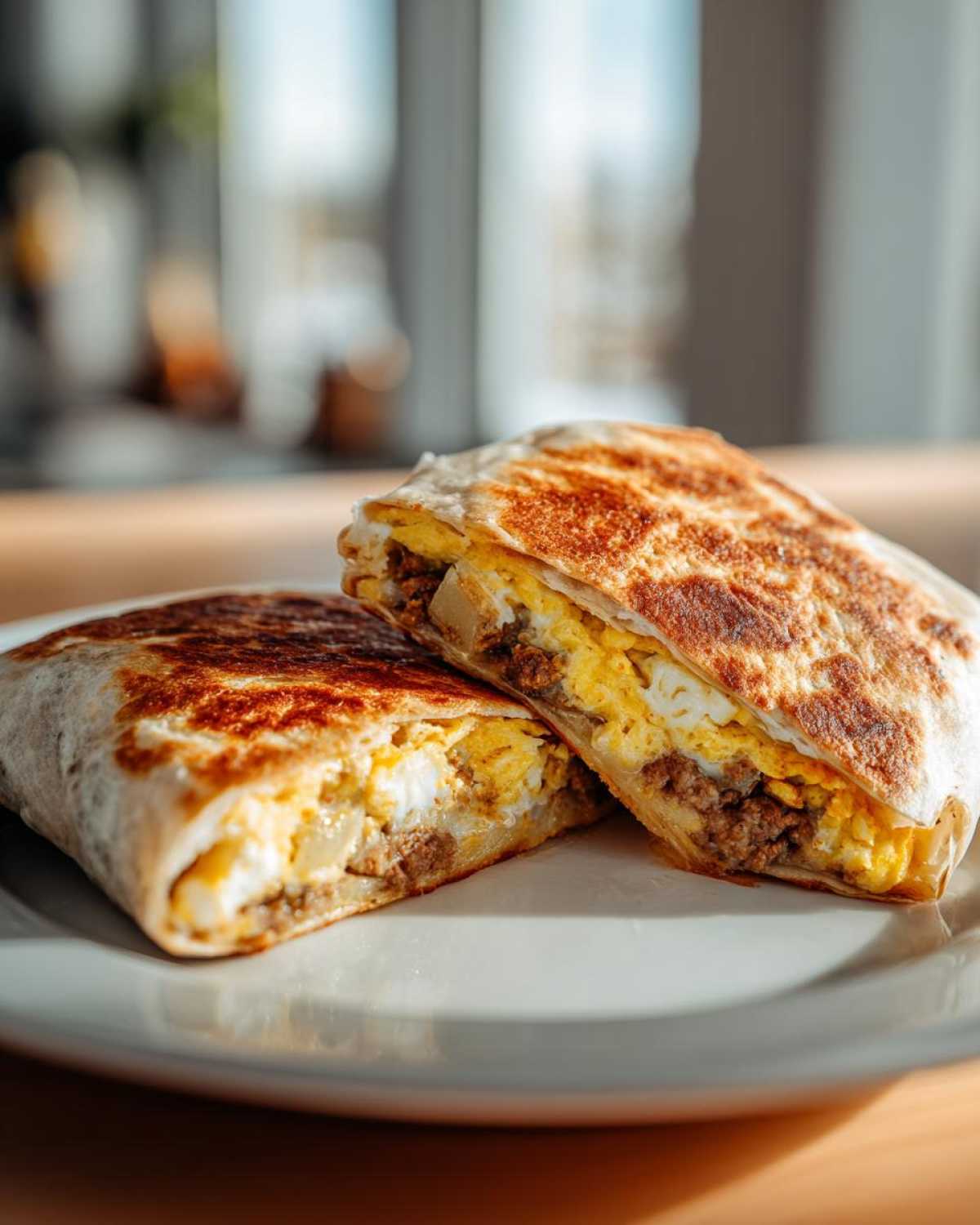 Two halves of a golden-brown, grilled Breakfast Crunchwrap showing scrambled eggs, sausage, and potatoes inside.