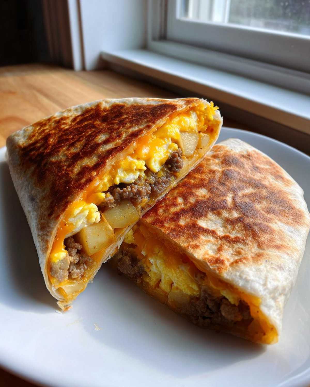 Close-up of a Breakfast Crunchwrap cut in half, showing scrambled eggs, sausage, potatoes, and melted cheese.