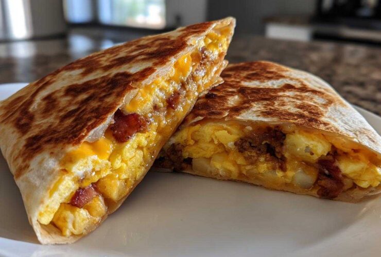 A cross-section view of a golden-brown Breakfast Crunchwrap filled with scrambled eggs, cheese, bacon, and potatoes.