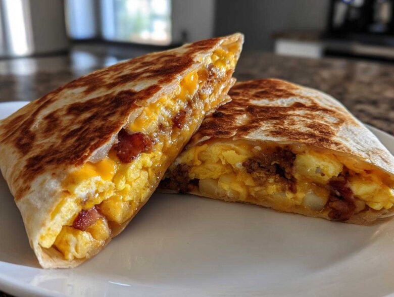 A cross-section view of a golden-brown Breakfast Crunchwrap filled with scrambled eggs, cheese, bacon, and potatoes.