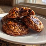 Close-up of three Brown Butter Kitchen Sink Cookies stacked on a white plate, featuring gooey melted chocolate.