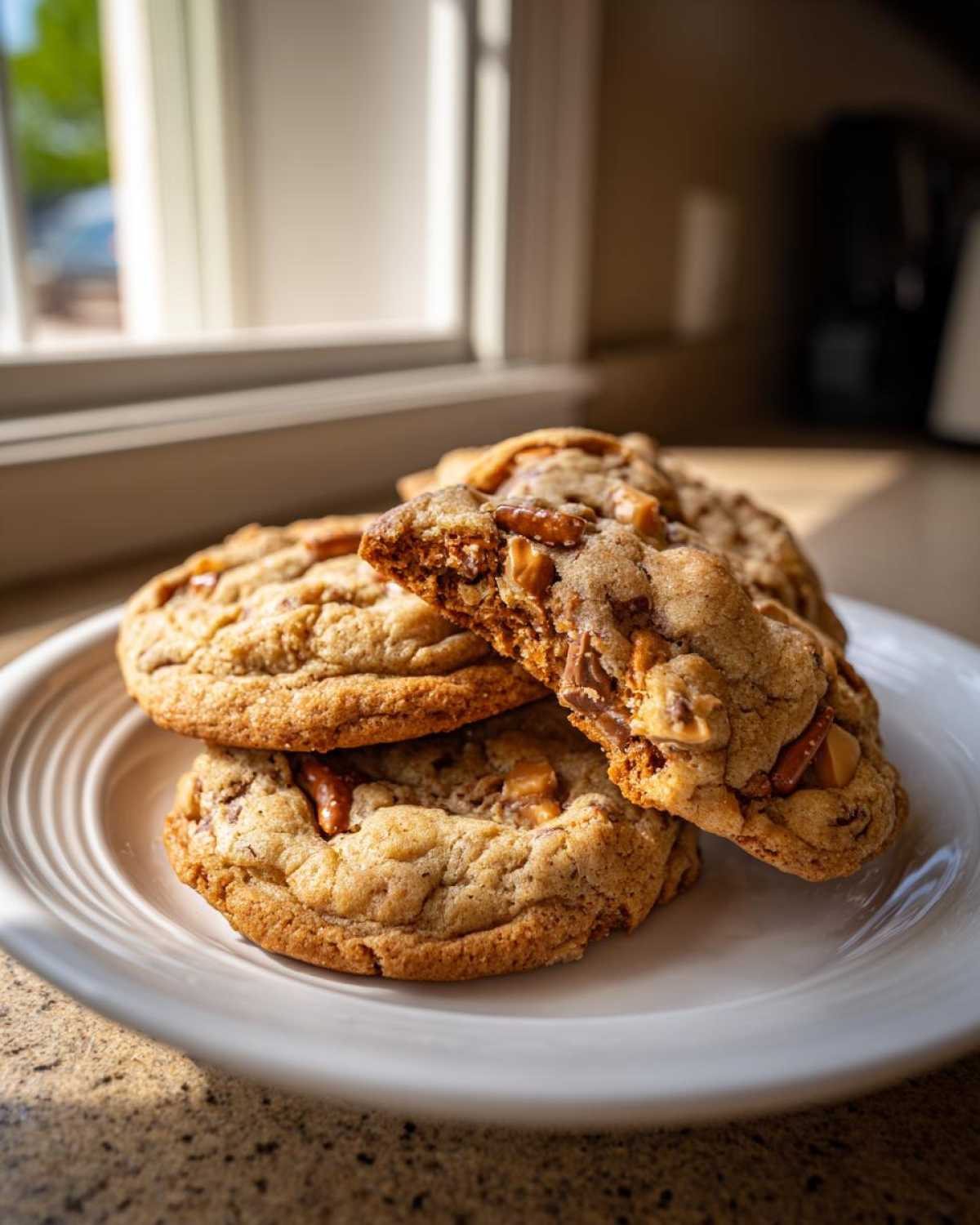 A stack of freshly baked Brown Butter Kitchen Sink Cookies on a white plate, one cookie broken open showing chewy interior.