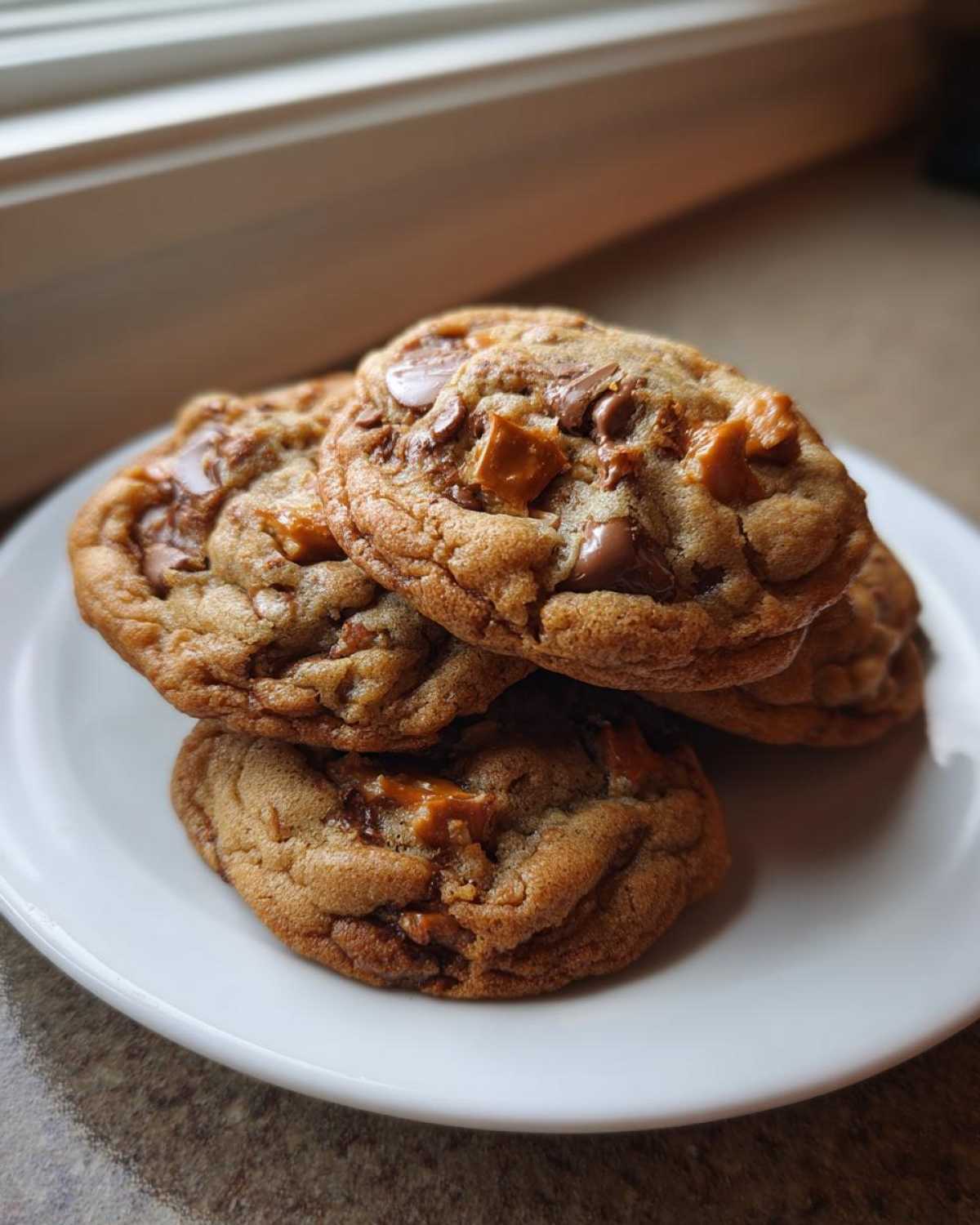 A stack of four freshly baked Brown Butter Kitchen Sink Cookies piled on a white plate, featuring melted chocolate chips and caramel chunks.