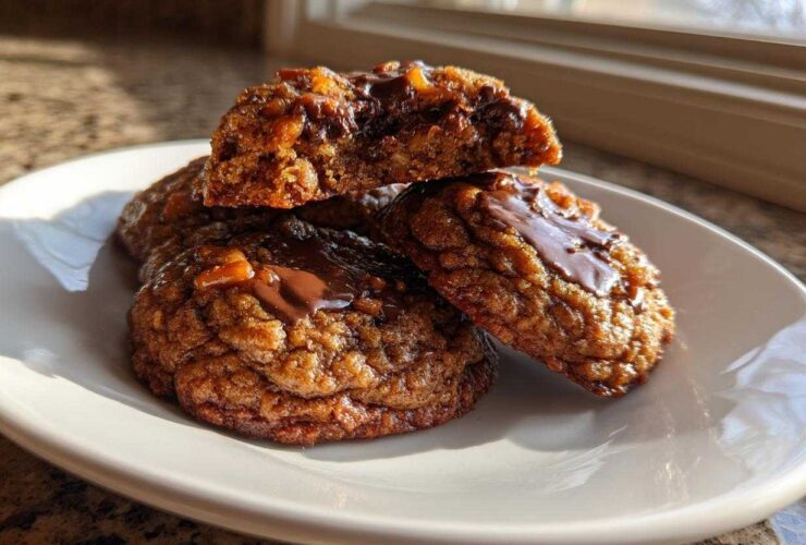 Close-up of three Brown Butter Kitchen Sink Cookies stacked on a white plate, featuring gooey melted chocolate.