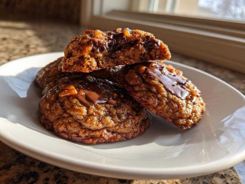 Close-up of three Brown Butter Kitchen Sink Cookies stacked on a white plate, featuring gooey melted chocolate.