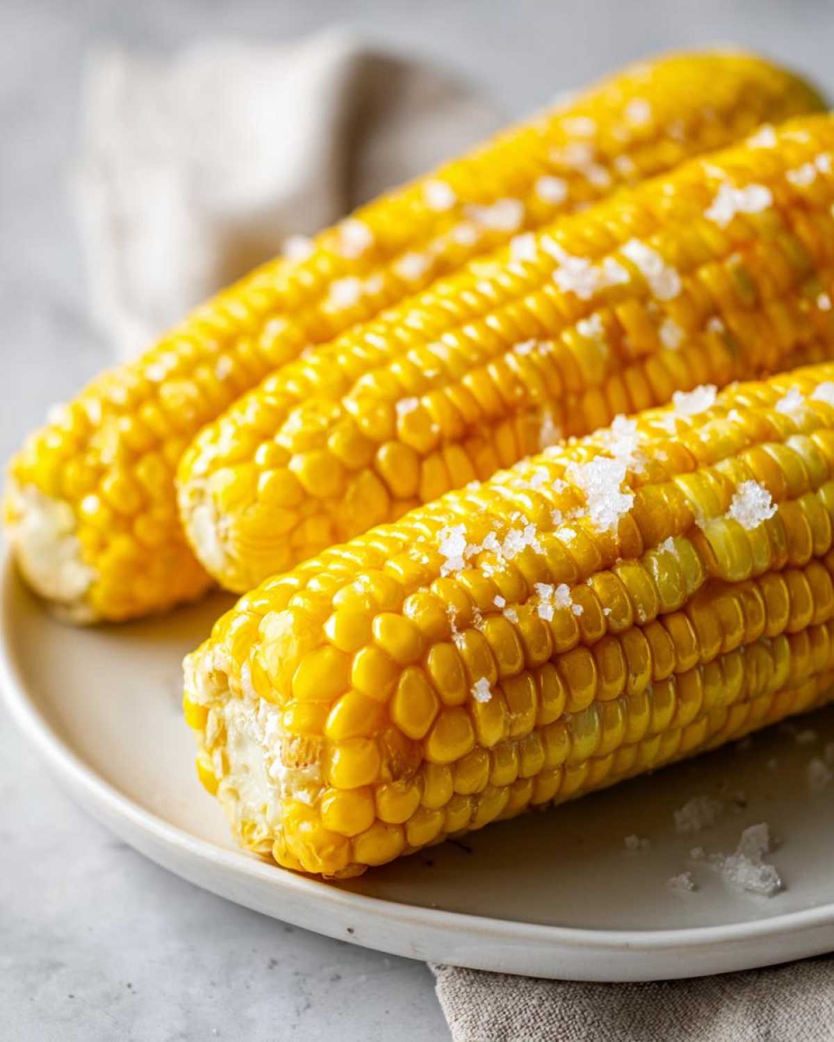 Three bright yellow ears of cooked Buttered Corn generously sprinkled with coarse sea salt, resting on a light plate.