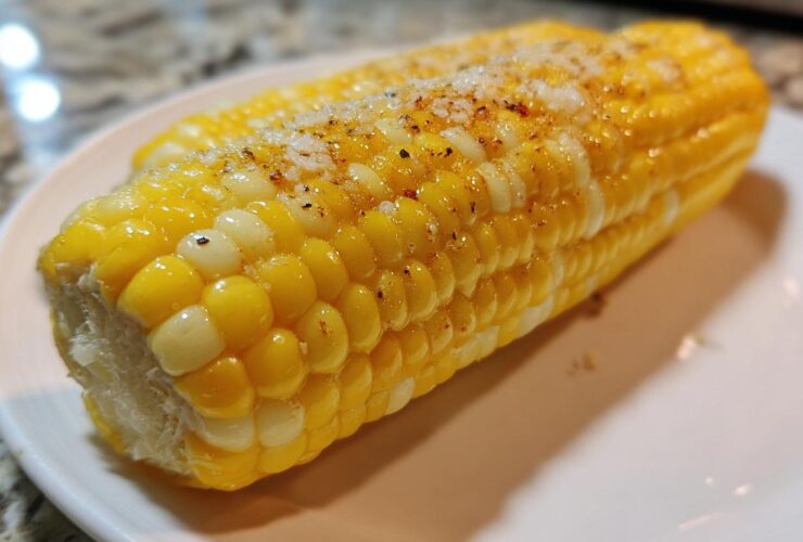 Close-up of two ears of cooked Buttered Corn on the cob glistening with butter and topped with salt and pepper.