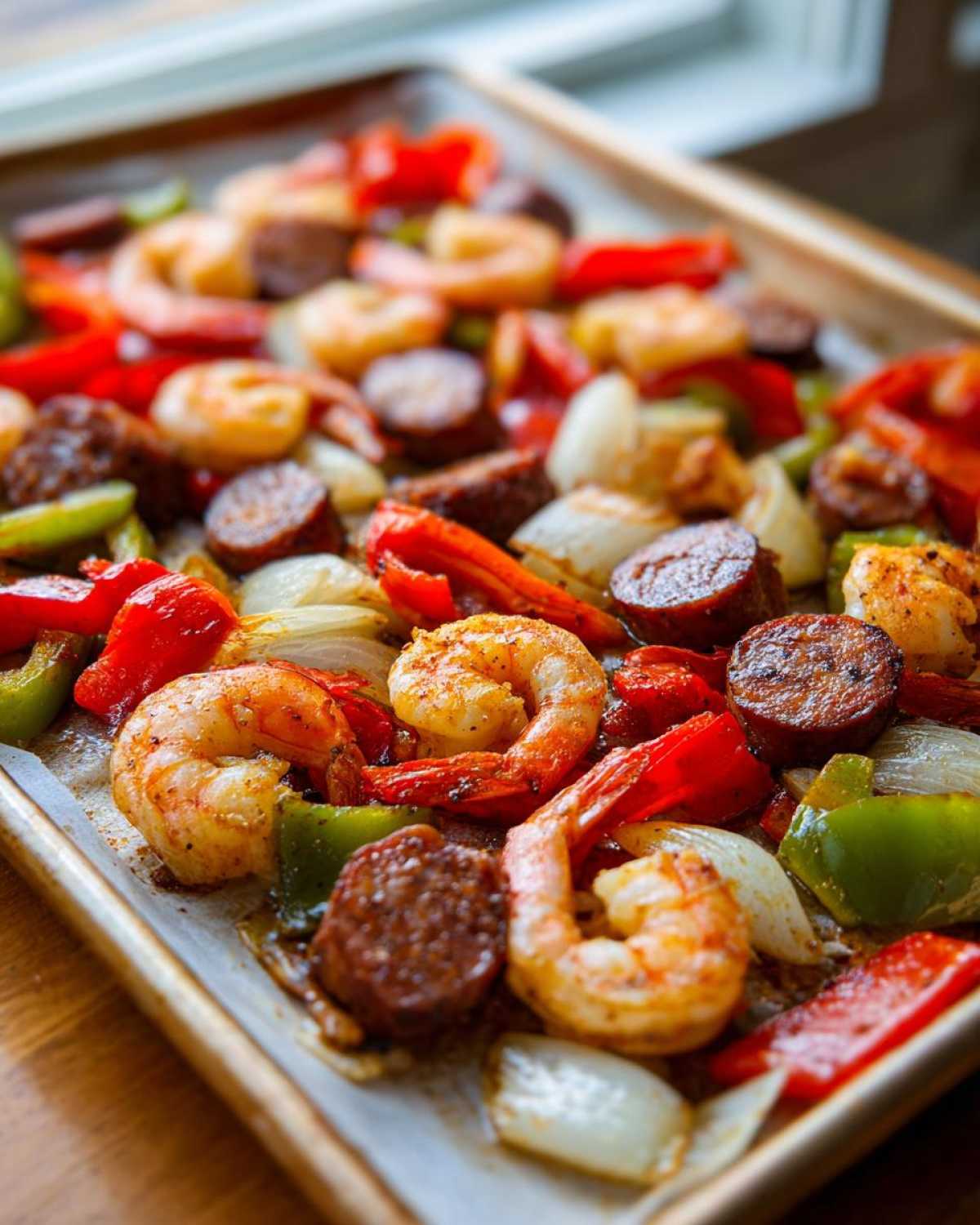 Close-up of seasoned Cajun Shrimp and Sausage Sheet Pan with roasted peppers and onions.