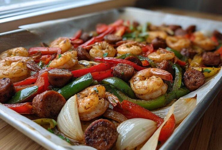 Close-up of Cajun Shrimp and Sausage Sheet Pan with roasted peppers and onions on parchment paper.