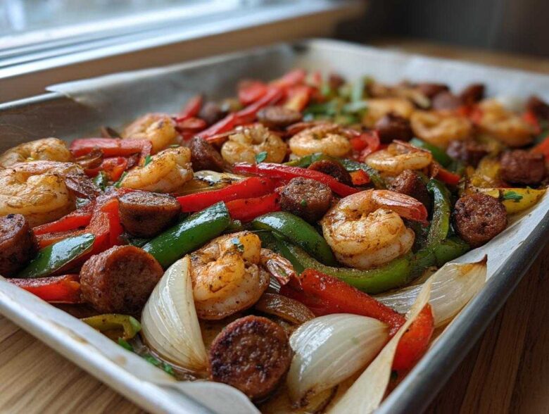 Close-up of Cajun Shrimp and Sausage Sheet Pan with roasted peppers and onions on parchment paper.