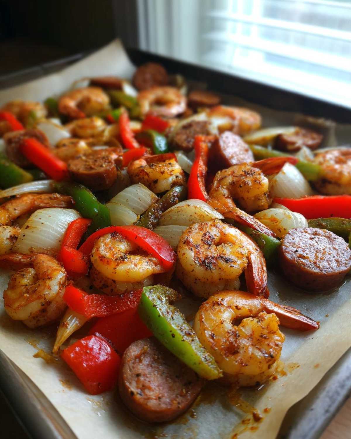 Close-up of cooked Cajun Shrimp and Sausage Sheet Pan with colorful bell peppers and onions.