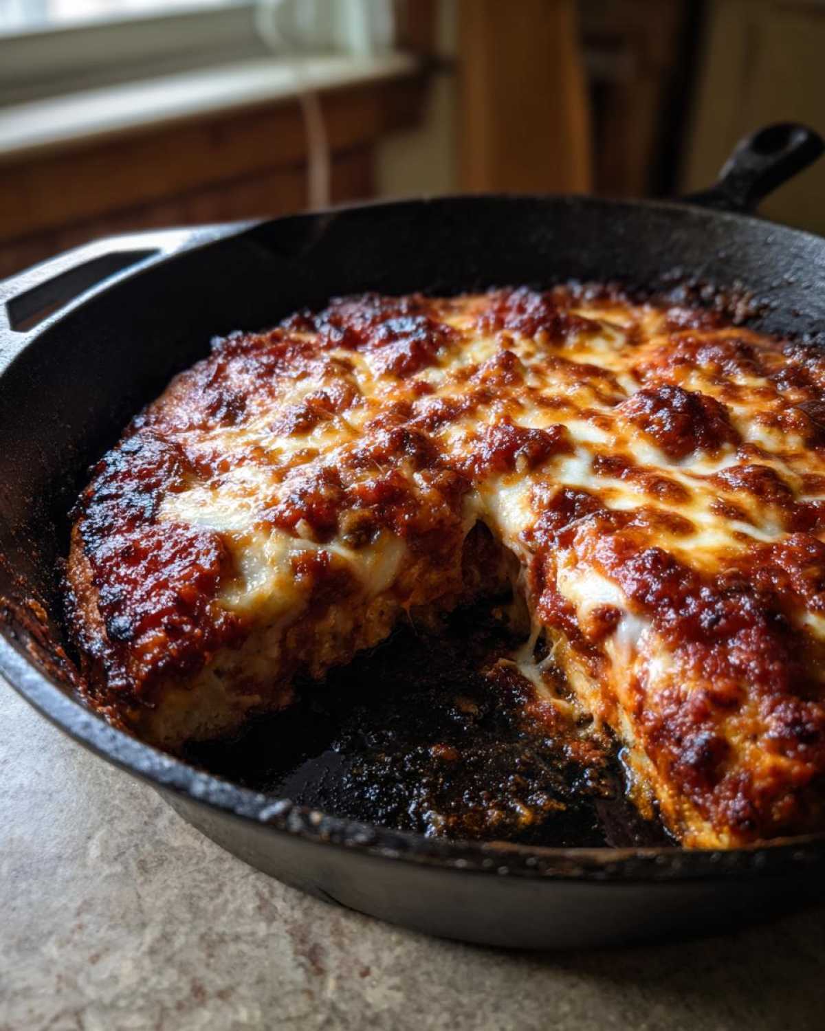 A thick, deep-dish Cast Iron Skillet Pizza with a slice removed, showing melted, bubbly cheese and rich tomato sauce.