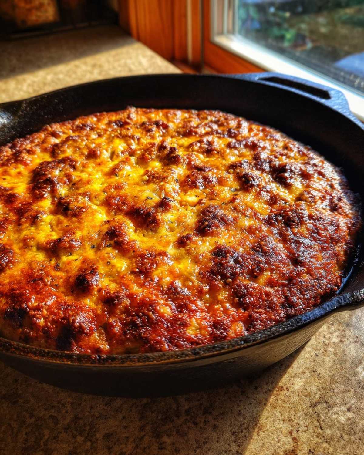 A deeply browned, cheesy Cast Iron Skillet Pizza fresh out of the oven, showing a bubbly, caramelized crust.