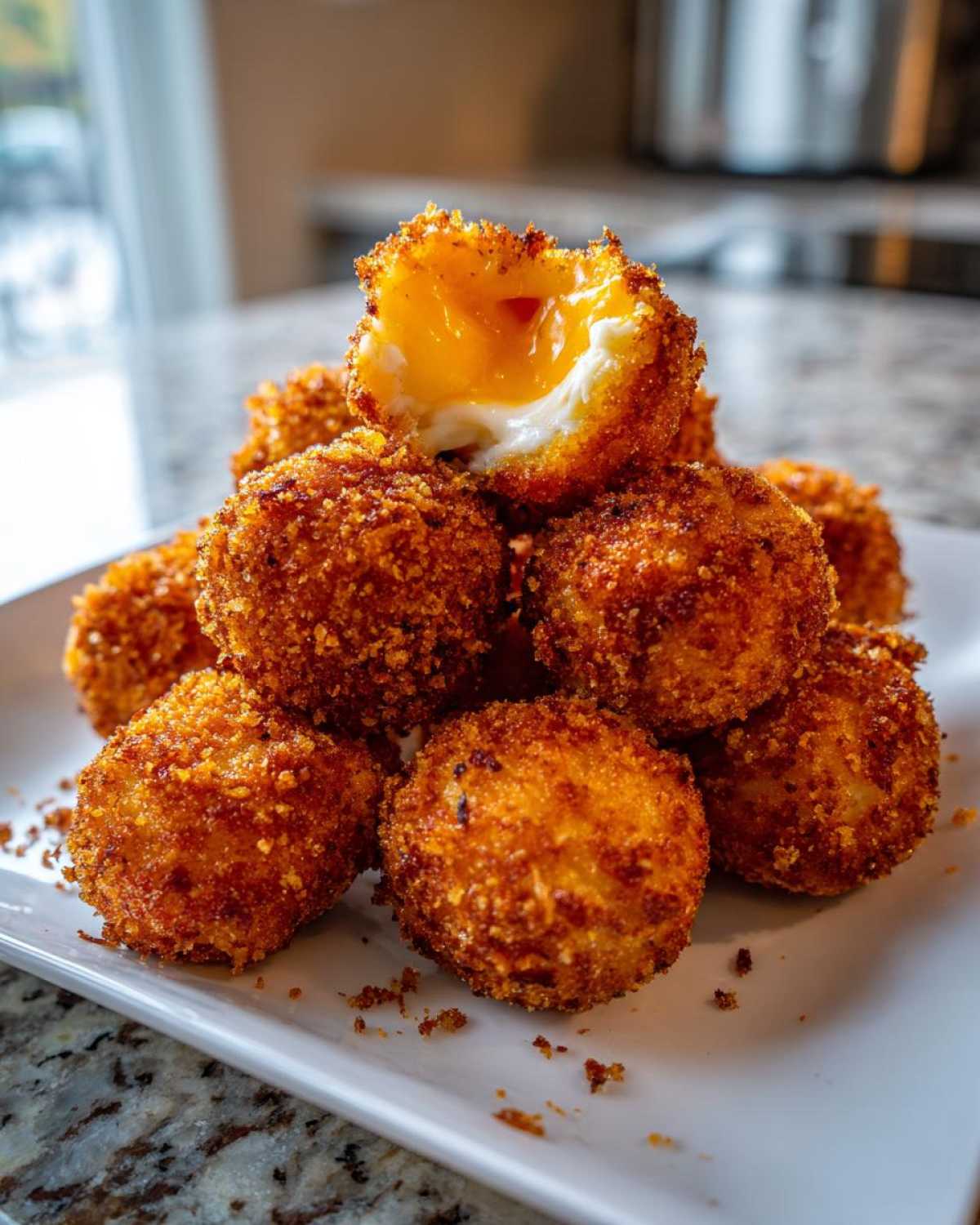 A stack of crispy, golden Cheesy Mashed Potato Balls, one cut open revealing a soft, runny egg yolk center.