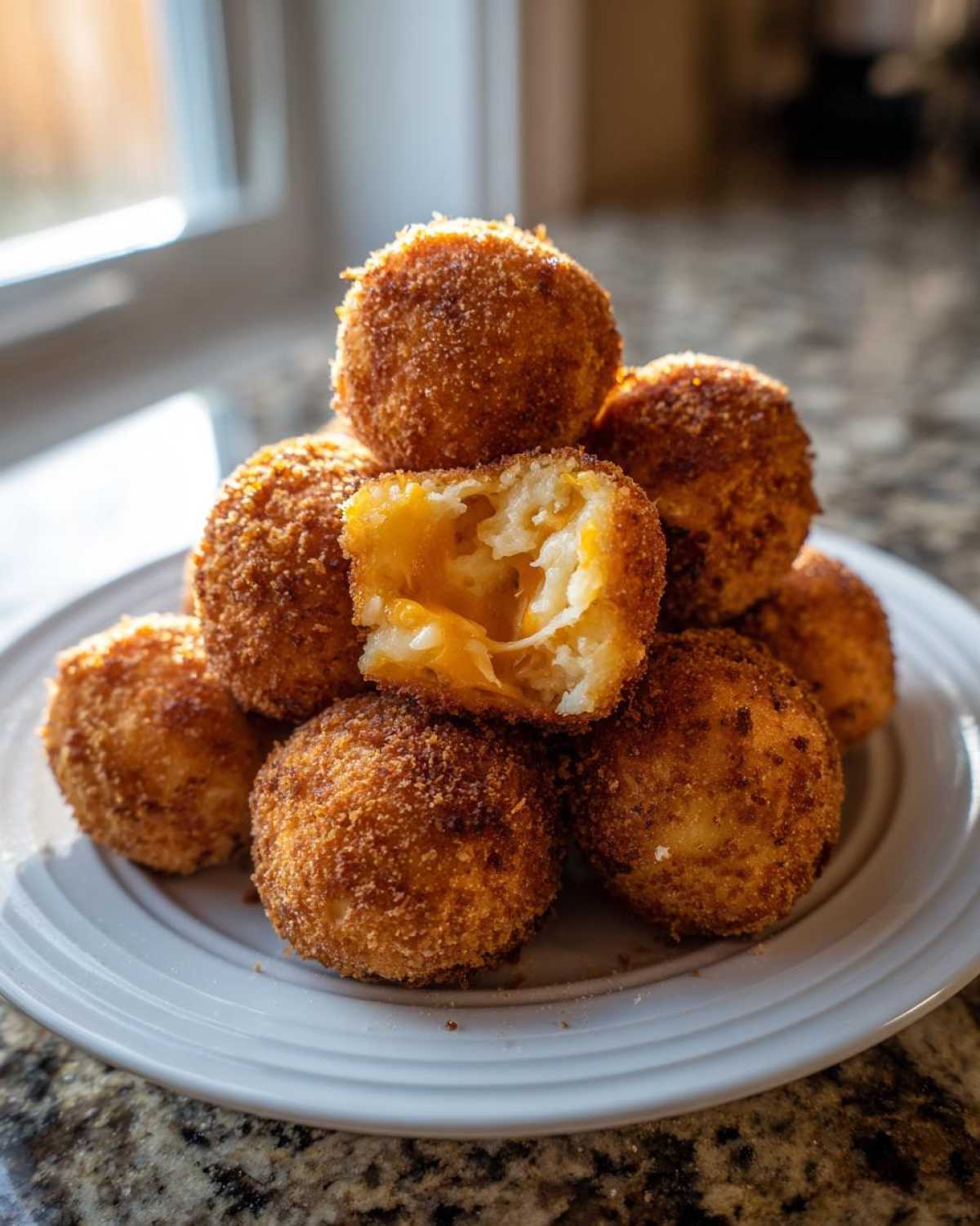 A stack of crispy, golden brown Cheesy Mashed Potato Balls, with one cut open revealing melted cheddar cheese inside.