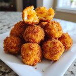 A pile of golden brown, crispy Cheesy Mashed Potato Balls served on a white square plate, one is broken open showing melted cheese.