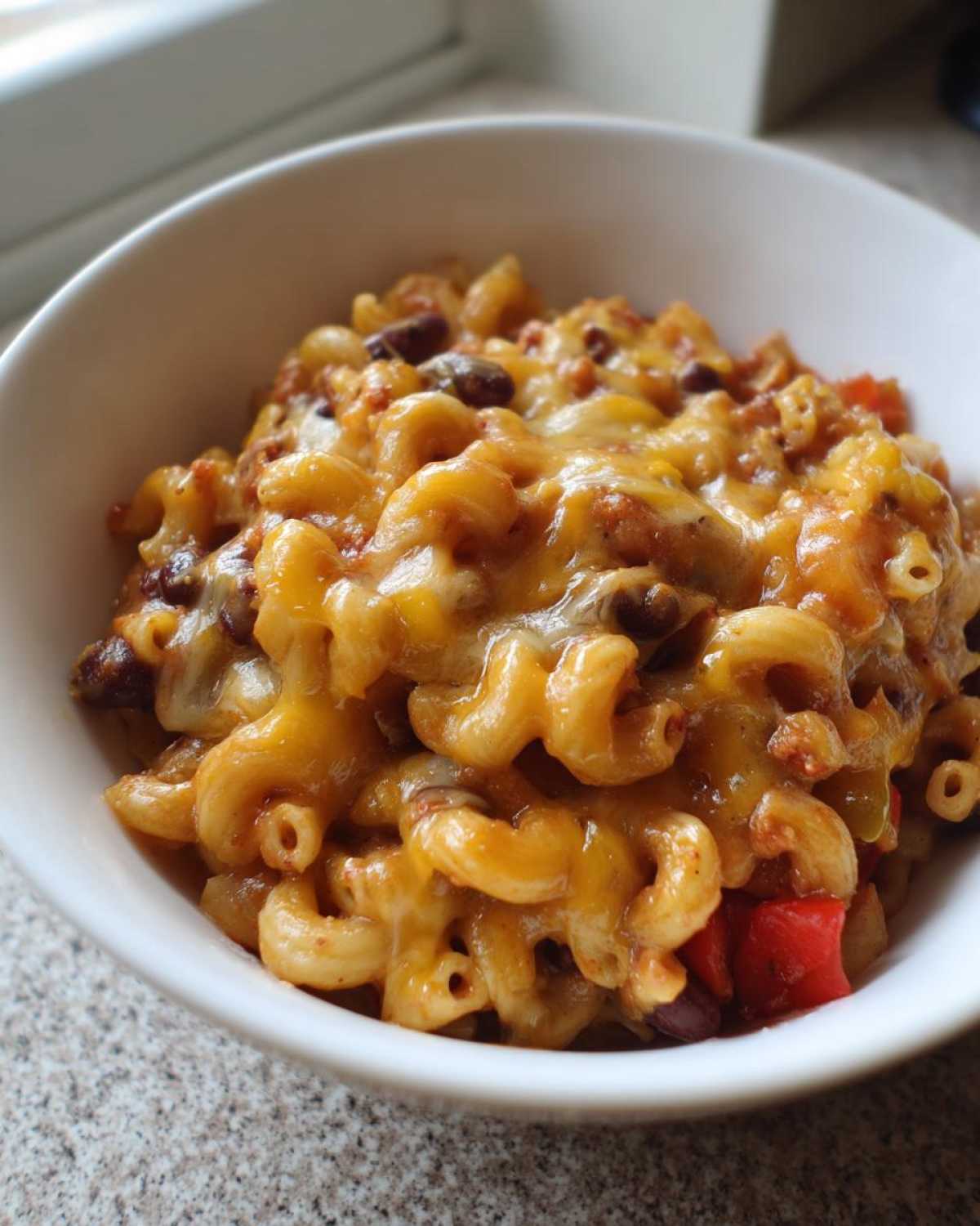 Close-up of a white bowl filled with cheesy Vegetarian Chili Mac, featuring elbow macaroni, beans, and melted cheddar cheese.