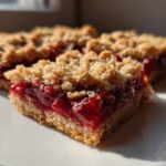 Close-up of three thick Cherry Crumble Bars featuring a bright red cherry filling and golden, textured crumb topping.