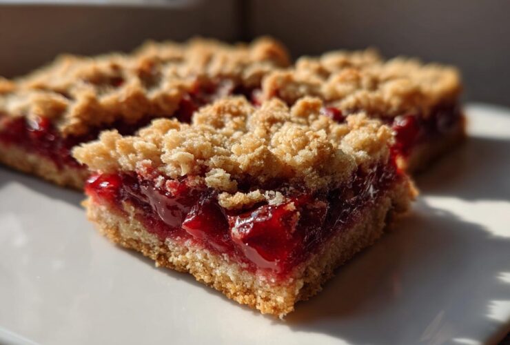 Close-up of three thick Cherry Crumble Bars featuring a bright red cherry filling and golden, textured crumb topping.