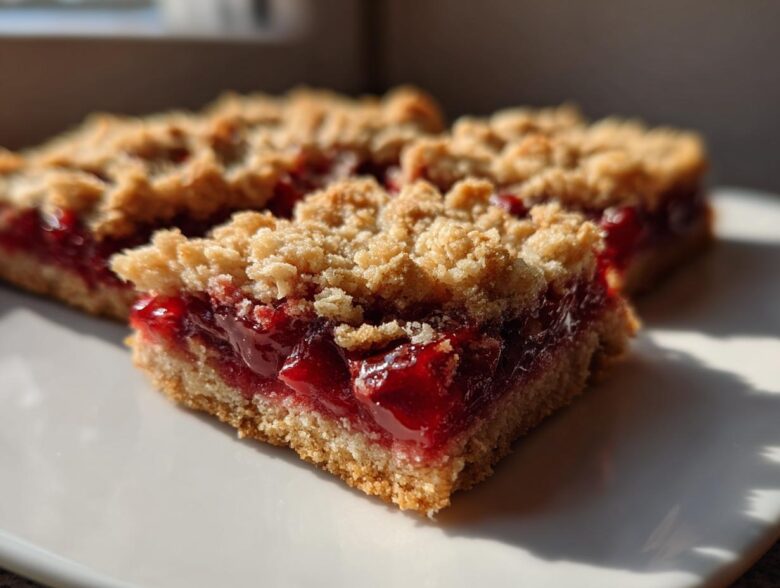 Close-up of three thick Cherry Crumble Bars featuring a bright red cherry filling and golden, textured crumb topping.