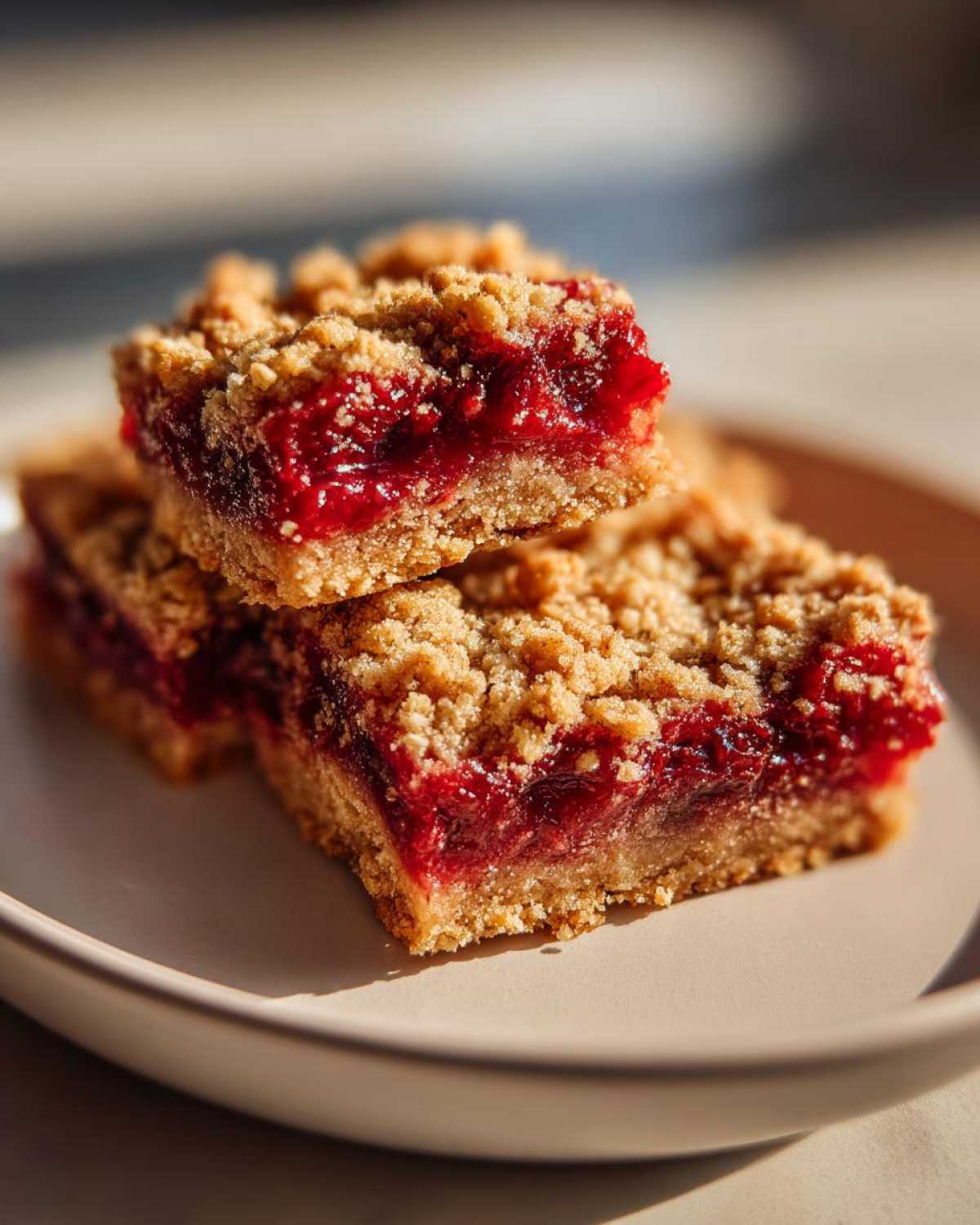 Three stacked squares of rich Cherry Crumble Bars showing a thick, bright red cherry filling and crumb topping.