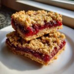 Two stacked squares of rich Cherry Crumble Bars showing a thick layer of bright red cherry filling between a shortbread base and a buttery crumble topping.