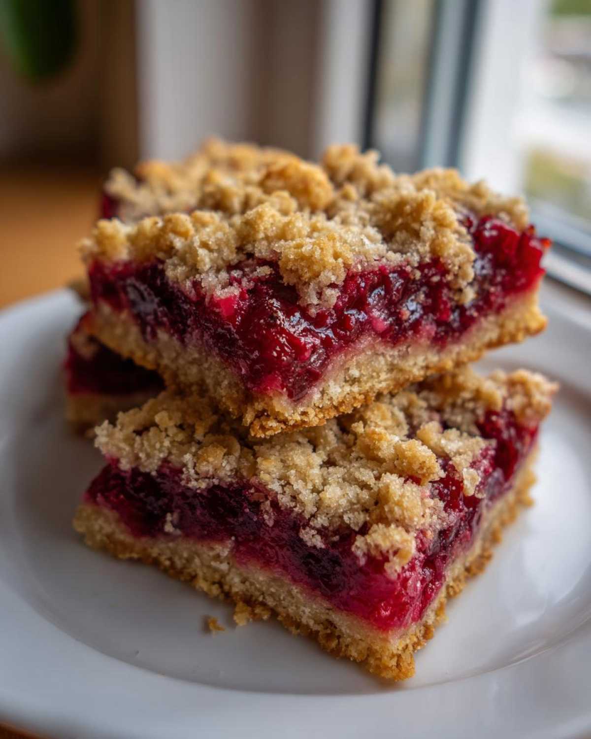 Two stacked squares of rich, bright red Cherry Crumble Bars featuring a thick fruit filling and crumbly topping on a white plate.