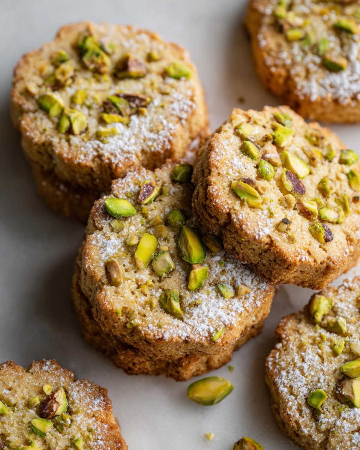 Close-up of several chewy Pistachio Cookies stacked and scattered, topped with chopped green pistachios and a dusting of powdered sugar.