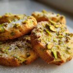 Close-up of several chewy Pistachio Cookies dusted with powdered sugar and topped with chopped pistachios.