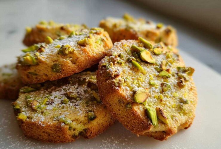 Close-up of several chewy Pistachio Cookies dusted with powdered sugar and topped with chopped pistachios.