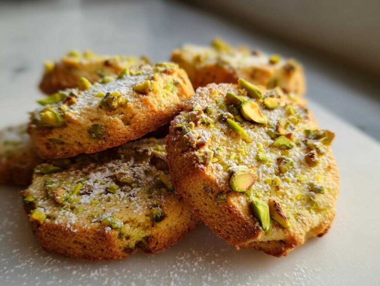 Close-up of several chewy Pistachio Cookies dusted with powdered sugar and topped with chopped pistachios.
