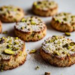 Close-up of several chewy Pistachio Cookies dusted with powdered sugar and topped with chopped green pistachios.