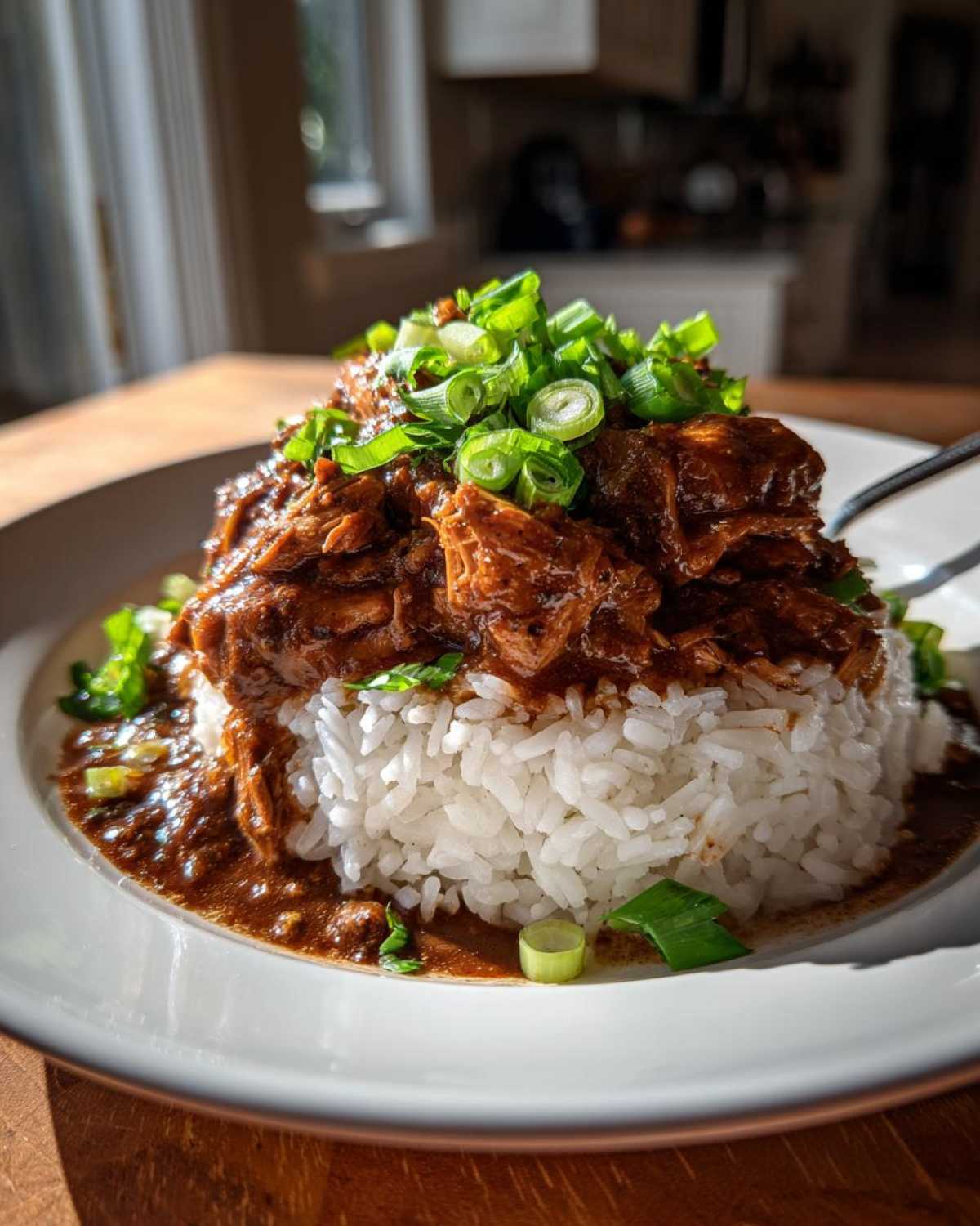 A heaping portion of rich Chicken Étouffée served over white rice and topped with fresh green onions.