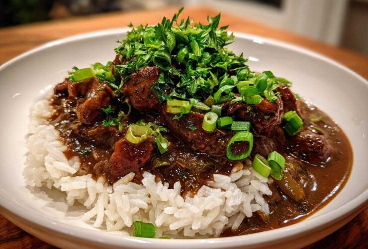 A close-up of rich, dark Chicken Étouffée served over fluffy white rice, heavily garnished with fresh parsley and green onions.